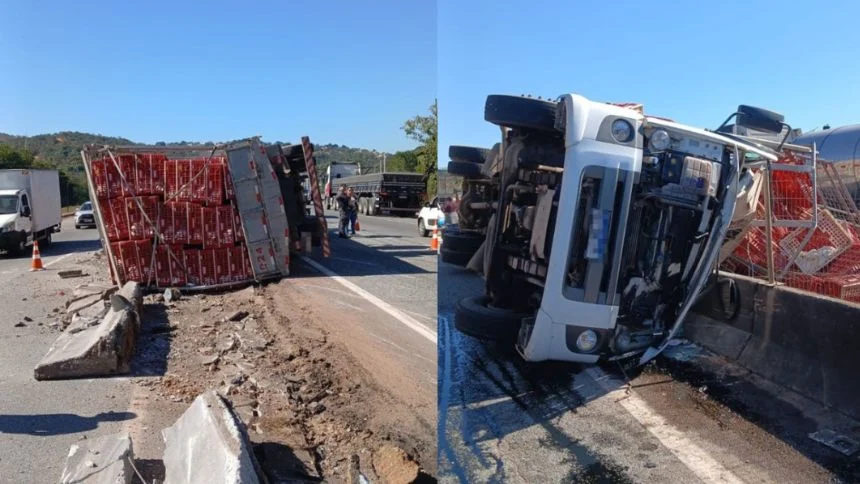 Caminhão com galinhas tomba na BR-262 e mata motorista